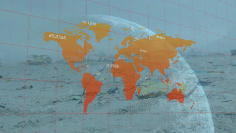 Animation-Der-Verarbeitung-Finanzieller-Daten-über-Globus,-Weltkarte-Und-Ödland