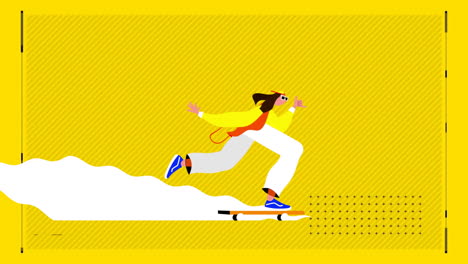 Animation-of-man-on-skateboard-over-yellow-background
