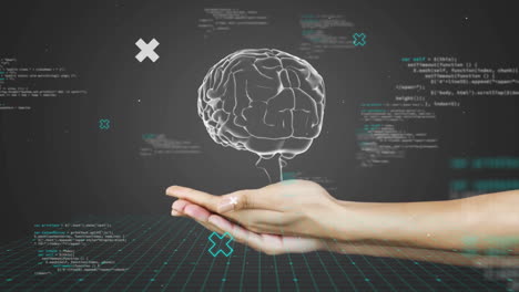 Animation-Des-Menschlichen-Gehirns-Mit-Frauenhand-Und-Datenverarbeitung-Auf-Dunklem-Hintergrund