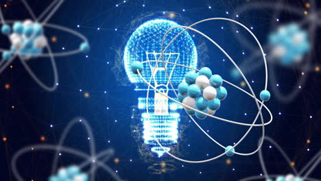 Animation-of-atomic-structures-over-light-bulb-and-networks-on-blue-background