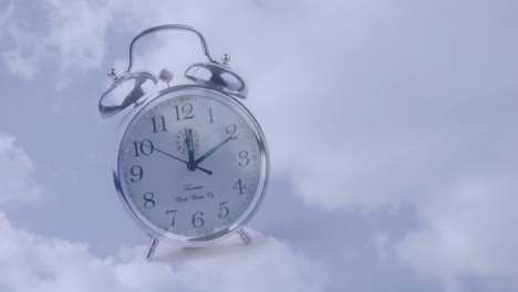 Animation-of-alarm-clock-moving-fast-over-clouds-in-sky