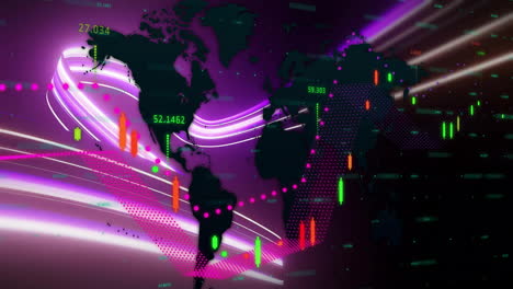 Animation-Der-Datenverarbeitung-Und-Weltkarte-über-Lichtspuren-Auf-Violettem-Hintergrund