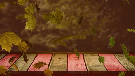 Animation-Von-Blättern,-Die-über-Holztischplatten-Und-Baumkronen-Wehen