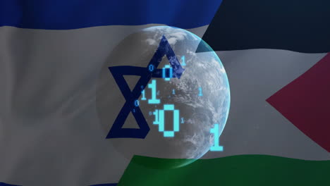 Animation-of-binary-coding-and-globe-over-flag-of-israel-and-palestine