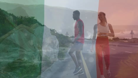 Animation-Einer-Italienischen-Flagge,-Die-über-Einem-Mann-Weht,-Der-Seine-Beine-Streckt,-Und-Einer-Frau,-Die-Für-Den-Mann-Stehen-Bleibt
