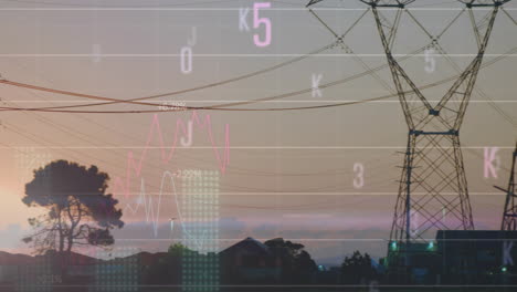 Animation-of-financial-data-processing-and-letters-over-electricity-pylons-on-field