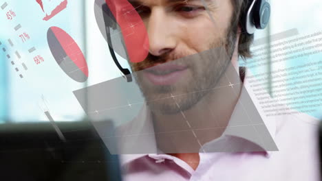 Animation-of-financial-data-processing-over-caucasian-businessman-using-phone-headsets