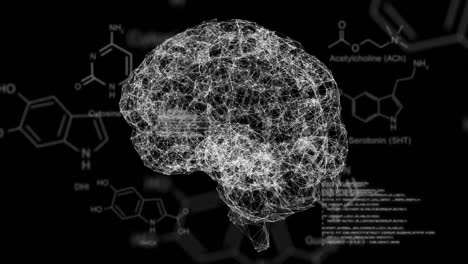 Animation-of-molecular-structure-diagrams-and-symbols-over-rotating-brain-on-black-background