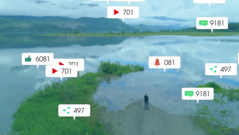 Animation-of-social-media-icons-with-numbers-over-lake-landscape