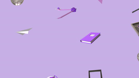Animation-Von-Schulartikelsymbolen,-Die-Sich-Mit-Kopierraum-Auf-Violettem-Hintergrund-Bewegen