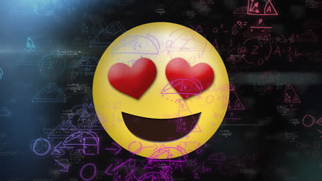 Animation-of-mathematical-data-processing-and-smiley-face-with-hearts-over-black-background