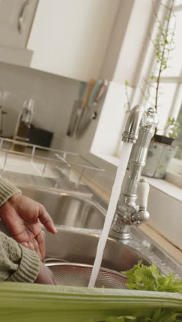 Happy-african-american-senior-woman-washing-vegetables-in-sunny-kitchen,-slow-motion