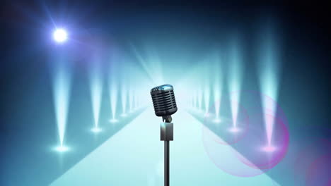 Animation-of-retro-microphone-between-two-moving-rows-of-white-spotlights