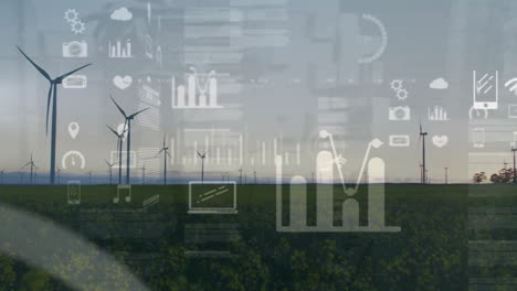 Animation-of-data-processing-and-diagrams-over-wind-turbines-on-field