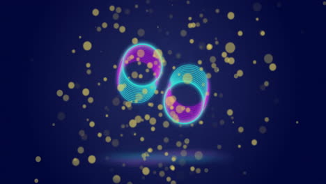 Animation-of-rotating-pink-and-blue-rings-and-falling-yellow-light-spots-on-dark-background