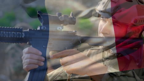 Animation-Der-Flagge-Frankreichs-über-Einem-Kaukasischen-Männlichen-Soldaten-Mit-Waffe