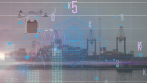 Animation-Des-Vorhängeschloss-Symbols-Und-Der-Verarbeitung-Von-Daten-über-Einer-Drohne-Und-Einem-Schifffahrtshafen