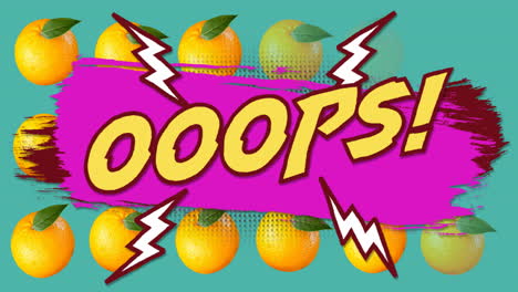 Animation-of-oops-text-on-purple-paint-with-white-lightning-bolts-over-oranges-on-blue-background