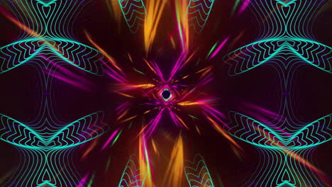 Animation-Eines-Mandala-Musters-Und-Eines-Mehrfarbigen-Dynamischen-Musters-Vor-Schwarzem-Hintergrund