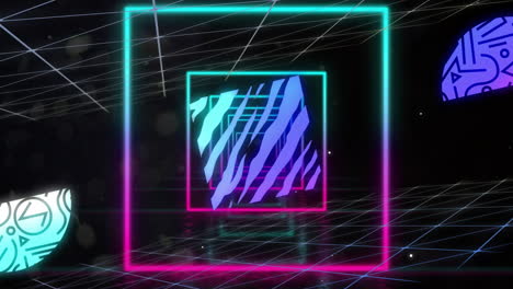 Animation-of-neon-pattern-and-grid-on-dark-background