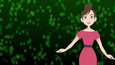 Animation-of-talking-illustrative-female-representation-and-binary-codes-over-green-background