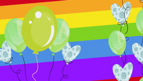 Animation-Von-Grünen-Und-Herzförmigen-Luftballons-Auf-Regenbogenhintergrund