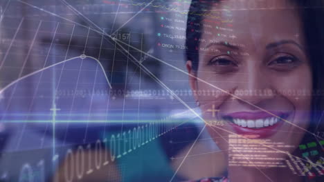 Animation-of-financial-data-processing-over-smiling-biracial-businesswoman-in-office