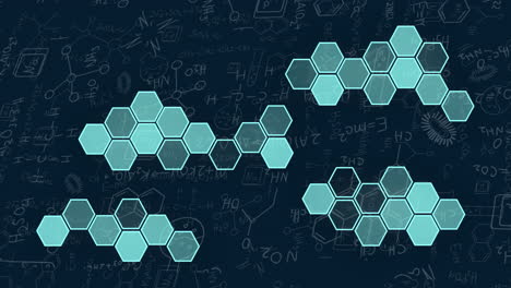 Animation-of-blue-hexagons-over-chemical-formula-and-icons-on-black-background