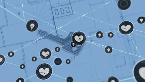 Animation-of-network-of-health-and-idea-icons-over-blueprints-and-house-key
