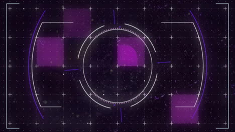 Animation-of-glitch-technique-and-circles-over-falling-squares-against-black-background
