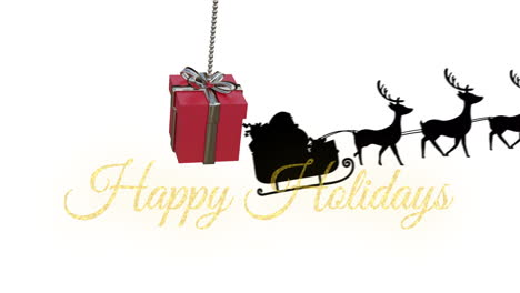 Animation-of-happy-holidays-text,-gift-box,-santa-riding-sleigh-with-reindeers-over-white-background