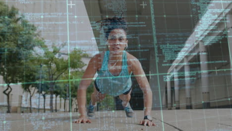 Animation-of-data-processing-over-biracial-woman-doing-push-ups