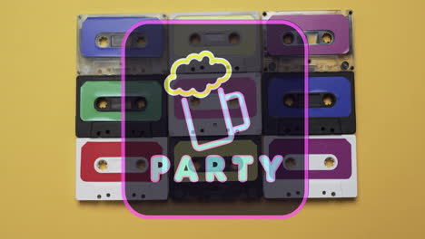 Animation-of-party-text-and-beer-over-tape-on-green-background
