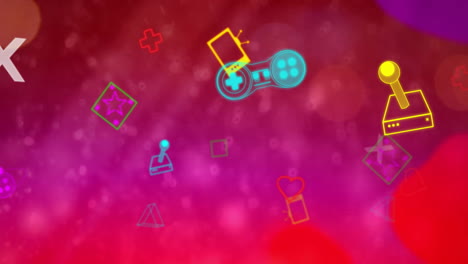 Animation-of-geometric-shapes,-icons-and-gaming-consoles-over-abstract-background