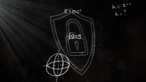 Animation-of-layers-of-mathematical-formulae-and-equations-over-padlock-on-black-background