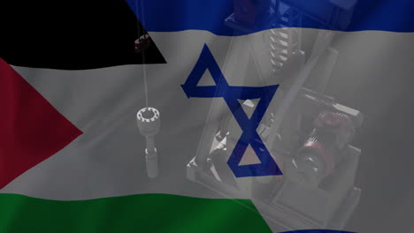 Animation-Einer-Ölbohrinsel-über-Der-Flagge-Von-Israel-Und-Palästina