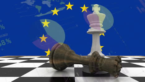 Animation-Der-Verarbeitung-Finanzieller-Daten-Und-Der-Flagge-Der-Europäischen-Union-über-Einem-Schachbrett