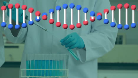 Animation-Eines-DNA-Strangs-über-Einem-Kaukasischen-Männlichen-Wissenschaftler-Im-Labor