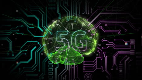 Animation-of-5g-with-computer-circuit-board-over-digital-brain-on-black-background