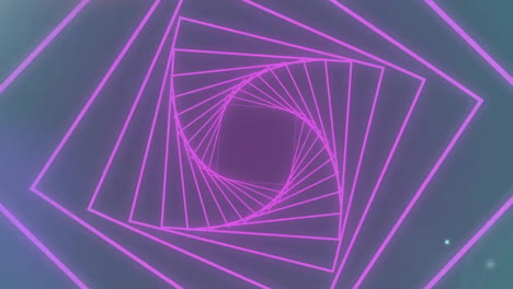 Animation-of-pink-square-spiral-and-coloured-lights-moving-on-dark-background