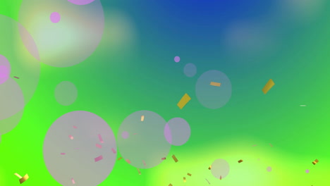 Animation-Von-Goldenem-Konfetti-über-Rosa-Luftballons,-Die-Auf-Grünem-Und-Blauem-Hintergrund-Schweben