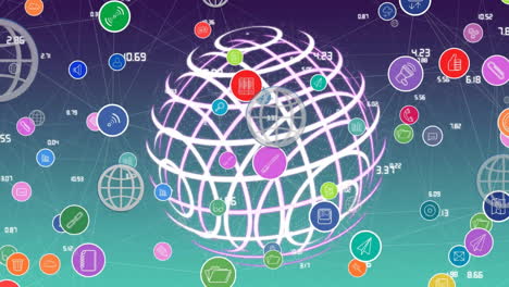 Animation-of-network-of-connections-with-media-icons-over-globe-of-circles