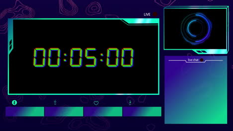 Animation-of-blue-digital-clock-timer-changing-over-screens-on-black-background