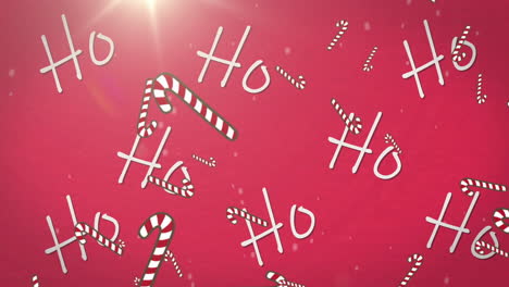Animation-of-ho-ho-ho-text-over-snow-falling-and-candy-canes-on-red-background