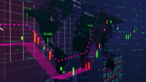 Animation-of-financial-data-processing-over-world-map-and-grid-on-dark-background