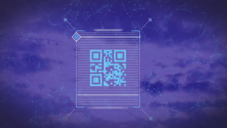 Animation-of-qr-code-and-network-of-connections-over-purple-background