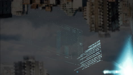 Animation-of-graphs,-loading-bars-and-computer-language-over-modern-buildings-against-cloudy-sky