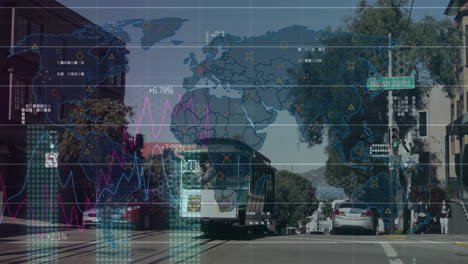 Animation-of-data-processing-and-world-map-over-cars-on-street