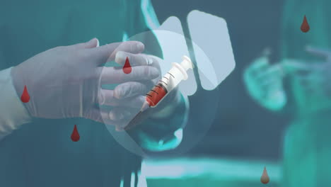 Animation-of-blood-drops-and-syringes-over-hands-of-surgeon-in-hospital