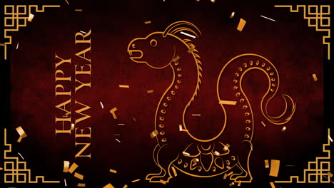 Animation-of-happy-new-year-text,-dragon-and-chinese-pattern
